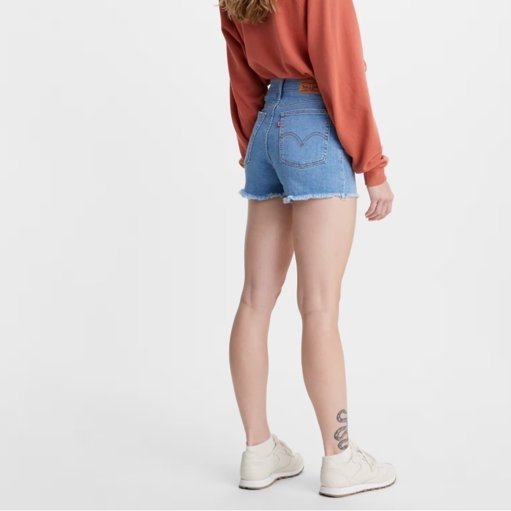 Levi’s Frayed Hem Blue Denim Cutoffs Festival High Waist Stretchy 26 Jean Shorts - Picture 8 of 16